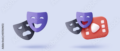 3d theatre masks for tragedy, drama and comedy. cinema movie ticket icon, ready for watch movie in theatre. Media film for entertainment service. 3d cinema icon vector render illustration