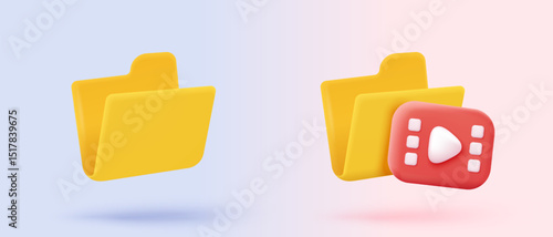 3d folder and paper for management multimedia movie file, paperwork multiple signs on database. Image and video document minimal folder icon. 3d cinema icon vector render illustration