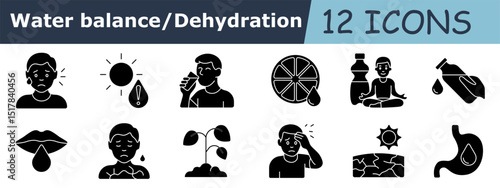Water balance glyph set icon. Sweating head, sun, water danger, man drinking, citrus, closed bottles, sitting man, hand with water, lips, dry skin, sprout, headache, cracked ground, stomach liquid