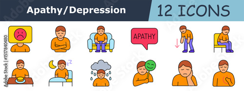Apathy set icon. Sad face, stomach pain, sitting person, apathy speech bubble, slouching man, seated figure, food refusal, sleep trouble, crying man, emotional mask, bored man, hand on chest