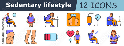 Sedentary lifestyle set icon. Chair sitting, spine pain, overweight, man at desk, scales, IV bag, pressure monitor, man on couch, cellulite, varicose leg, low battery, heart check, sleepy