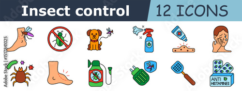Insect control set icon. Mosquito bite, forbidden bug, dog repellent, insect spray, cream, skin rash, allergic reaction, parasite, tick, foot with bite, sprayer, mosquito trap, swatter, antihistamines