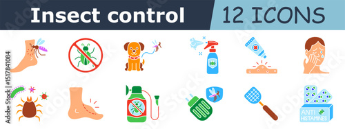 Insect control set icon. Mosquito bite, forbidden bug, dog repellent, insect spray, cream, skin rash, allergic reaction, parasite, tick, foot with bite, sprayer, mosquito trap, swatter, antihistamines