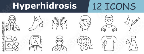 Hyperhidrosis set icon. Man with bottle, sweating foot, hands with drops, face with sweat, wet shirt, armpit injection, medical bottle, pills, trembling legs, doctor, gender symbols, wet clothes