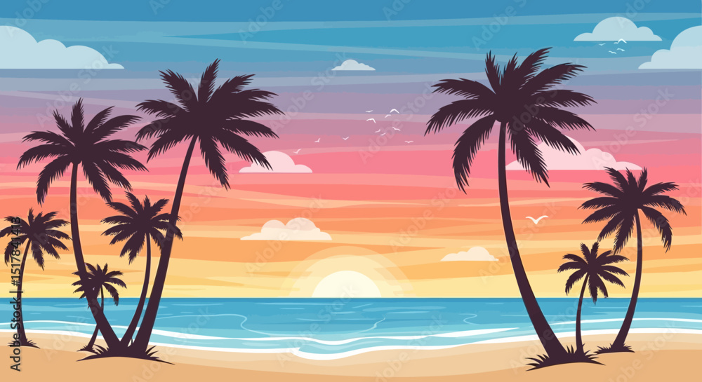 Obraz premium Vector illustration of a tropical beach during sunset with silhouettes of palm trees, vibrant sky gradients, calm ocean waves, and sandy shoreline. 