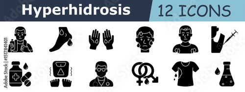 Hyperhidrosis set icon. Man with bottle, sweating foot, hands with drops, face with sweat, wet shirt, armpit injection, medical bottle, pills, trembling legs, doctor, gender symbols, wet clothes