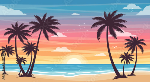 Vector illustration of a tropical beach during sunset with silhouettes of palm trees, vibrant sky gradients, calm ocean waves, and sandy shoreline.  