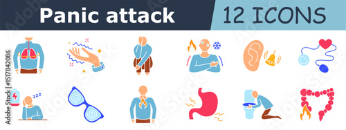 Panic attack set icon. Breathing issue, sparkling hand, crouched figure, hot cold contrast, ear sensitivity, heart monitor, tired man, dizziness, flame in chest, eye tension, stomach pain, vomiting