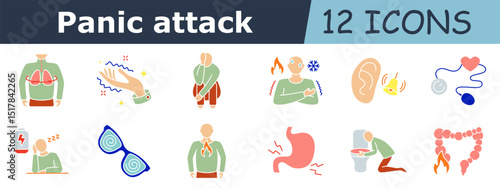 Panic attack set icon. Breathing issue, sparkling hand, crouched figure, hot cold contrast, ear sensitivity, heart monitor, tired man, dizziness, flame in chest, eye tension, stomach pain, vomiting
