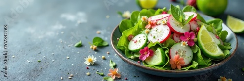 Wallpaper Mural Crunchy cucumber radish salad on gray textured surface with fresh flowers and lime wedges , still life, freshness, texture Torontodigital.ca