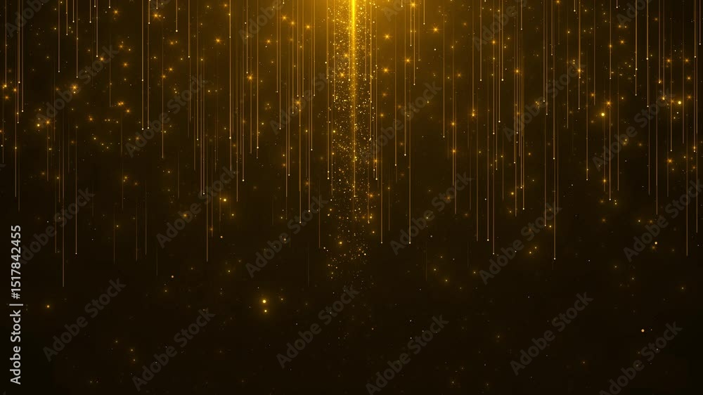 Abstract glittering shiny gold particles falling golden stars. tail particle falling down for new year, Christmas festival, award, celebration glamorous awards ceremony motion background animation