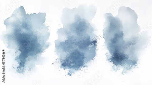 Three blue watercolor stains are isolated and bleed into the white transparent background