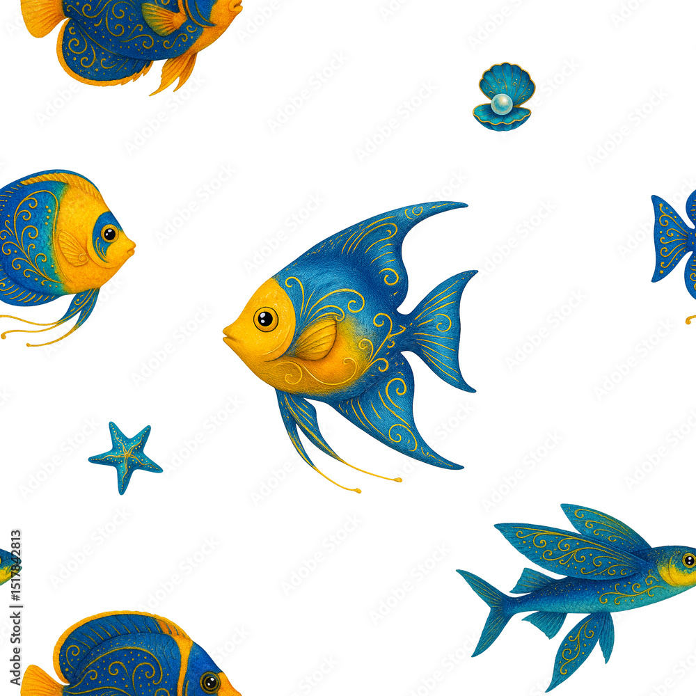 Seamless Watercolor Pattern with Blue and Yellow Fantasy Tropical Fish Seamless Watercolor Pattern with Blue and Yellow Fantasy Tropical Fish