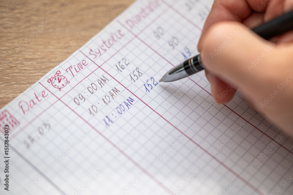health daily tracking, hand writing blood pressure readings from monitor on sheet of paper, documenting blood pressure results health daily tracking, hand writing blood pressure readings from monitor on sheet of paper, documenting blood pressure results