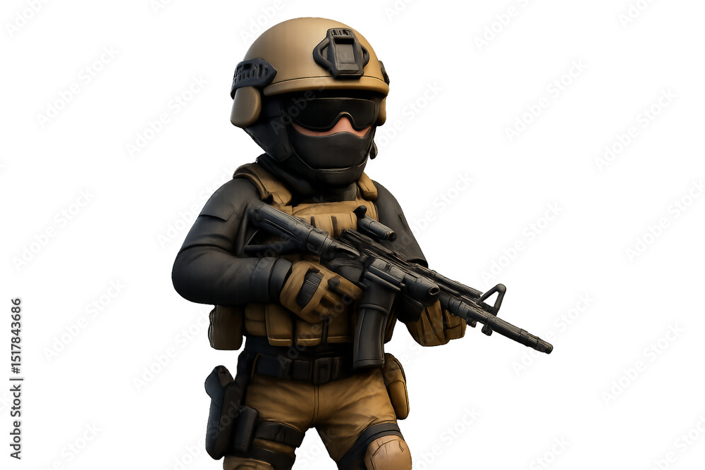 Cartoon Soldier in Tactical Gear with Weapon Ready for Action Cartoon Soldier in Tactical Gear with Weapon Ready for Action