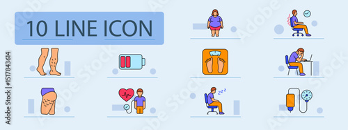 Obesity problem set icon. Varicose legs, overweight woman, posture issue, low energy, body weight scale, work fatigue, cellulite, heart check, sleeping man, blood pressure monitor