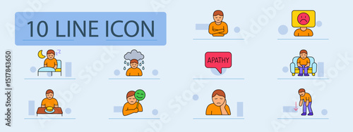 Depression set icon. Man in bed, sad under rain, crossed arms, apathy bubble, mood icon, sad on couch, no appetite, fake smile, fatigue, low energy