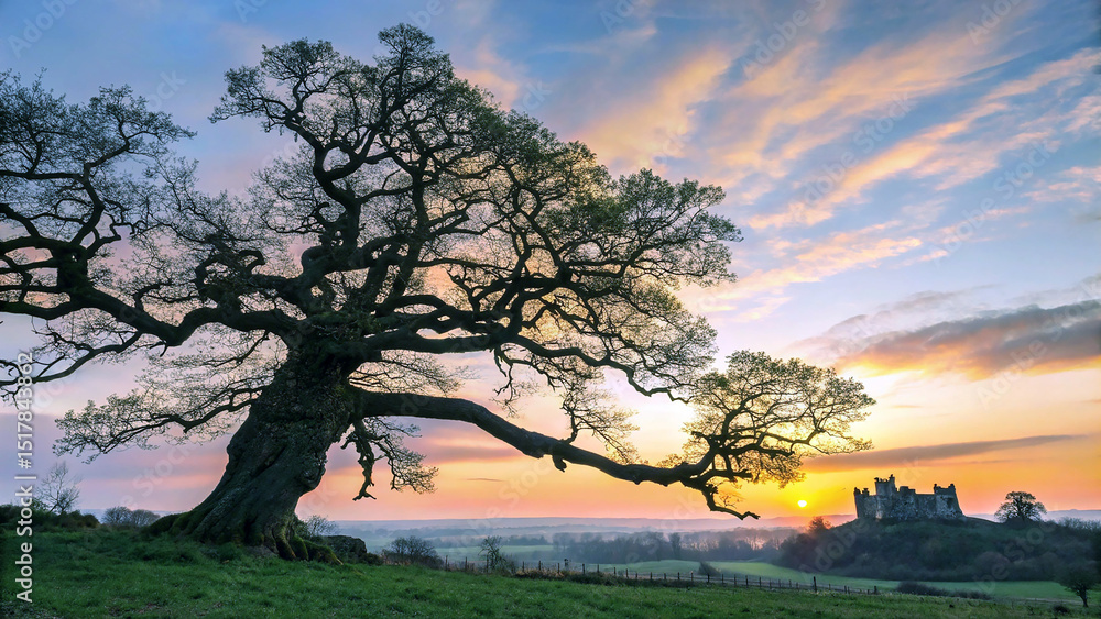 Obraz premium Ancient Tree at Sunset: A majestic, ancient tree silhouetted against a vibrant sunset, its gnarled branches reaching towards a sky ablaze with color, evokes a sense of timeless beauty and tranquility.
