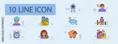 Insomnia set icon. Boy with brain cloud, melatonin pack, dreamcatcher, eye mask, tired man with moon, man on bed, alarm clock, coffee, sheep, pain in sleep