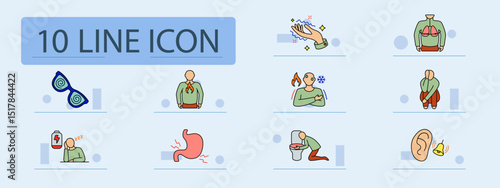 Panic attack set icon. Breathing issue, sparkling hand, crouched figure, hot cold contrast, ear sensitivity, heart monitor, tired man, dizziness, flame in chest, eye tension, stomach pain, vomiting