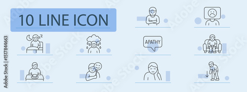 Depression monochrome set icon. Man lying in bed, crying under rain, closed pose, apathy bubble, sad face, man on sofa, no appetite, mask smile, fatigue, hopelessness