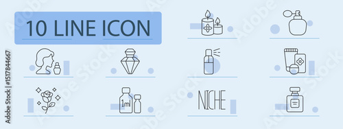 Perfumery monochrome set icon. Woman with bottle, gem flacon, scented candles, atomizer, fragrance spray, cosmetic kit, rose, sample vials, niche text, elegant perfume