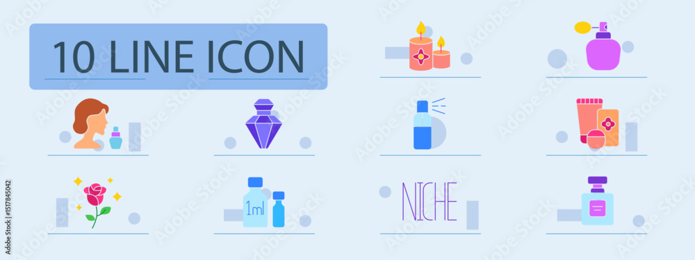 Perfume collection set icon. Scented candles, atomizer, bottle, cosmetic kit, floral essence, spray, minimal design, niche fragrance, wellness, elegance, luxury. Perfume collection set icon. Scented candles, atomizer, bottle, cosmetic kit, floral essence, spray, minimal design, niche fragrance, wellness, elegance, luxury.