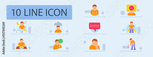 Depression set icon. Sad mood, insomnia, apathy, loneliness, fake smile, poor appetite, night sleep, sitting fatigue, emotional burnout, withdrawal, mental health issue.