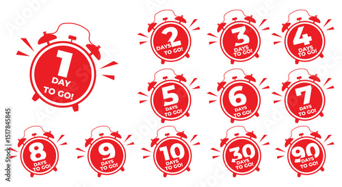 Days To Go Countdown banner template design. 1,2,3,4,5,6,7,8,9,10,30,60,90,99,100,360 days left countdown icon. vector