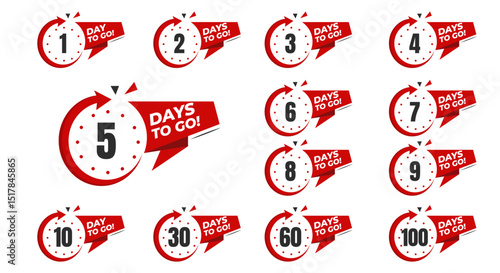 Days To Go Countdown banner template design. 1,2,3,4,5,6,7,8,9,10,30,60,90,99,100,360 days left countdown icon. vector