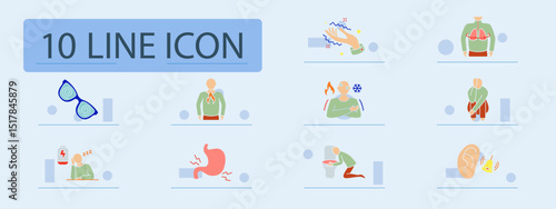 Health condition set icon. Hallucination, numb hand, lungs issue, depression, sickness, indigestion, vomiting, tinnitus, fatigue, confusion, pain, mental overload.