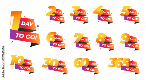 Days To Go Countdown banner template design. 1,2,3,4,5,6,7,8,9,10,30,60,90,99,100,360 days left countdown icon. vector