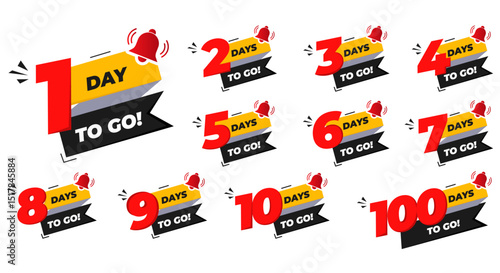 Days To Go Countdown banner template design. 1,2,3,4,5,6,7,8,9,10,30,60,90,99,100,360 days left countdown icon. vector