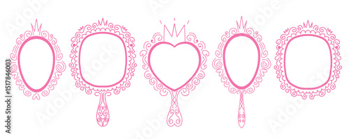 Princess crown pink mirror frame set. Hand drawn doodle handle mirror with crown for girl baby princess decorate border. Vector sketch illustration isolated on white background.