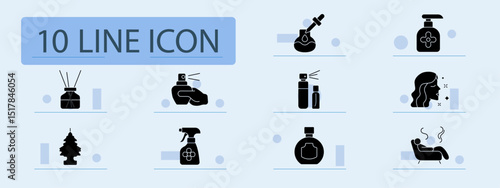 Fragrance set icon. Diffuser, hand sprayer, dropper, lotion, woman face, car freshener, room spray, bottle, perfume, relaxation, air care, pleasant smell.