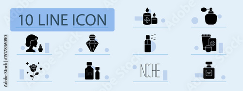Perfume collection set icon. Woman with bottle, candle, atomizer, skincare set, rose, flacon, tester, niche, fragrance, aroma collection, home scent, beauty.