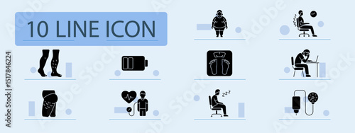 Sedentary lifestyle set icon. Swollen legs, obesity, fatigue, poor posture, stress, scale, inactivity, knee pain, blood pressure, low energy, circulation, health issue.