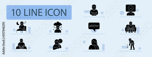 Depression set icon. Insomnia, sadness, apathy, emotional mask, helplessness, tiredness, poor appetite, hopelessness, anxiety, low energy, depression symptoms.