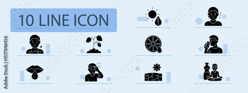 Dehydration set icon. Sweating, dry lips, thirst, dry skin, sun exposure, lack of water, drink, warning, energy loss, yoga, wellness, fluid balance.