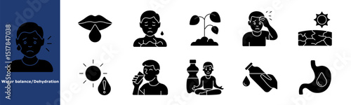 Dehydration black set icon. Crying, lips, chest pain, wilted plant, headache, cracked ground, sun exposure, warning, drinking, yoga, stomach fluid.