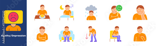 Depression black set icon. Crying, sadness, mask, sleep disturbance, loneliness, fatigue, exhaustion, helplessness, emotional numbness, mental burden.