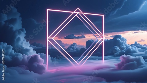 3d rendering, abstract futuristic background with neon geometric shape and stormy cloud on night sky. Rhombus frame with copy space