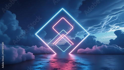 3d rendering, abstract futuristic background with neon geometric shape and stormy cloud on night sky. Rhombus frame with copy space