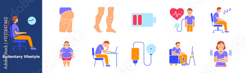 Sedentary lifestyle set icon. Office chair, clock, varicose veins, obesity, leg pain, fatigue, blood pressure, stress, low energy, sleepiness, poor posture, inactivity, digestive issues, heart problem
