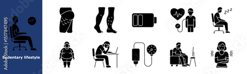 Sedentary lifestyle set icon. Office chair, clock, varicose veins, obesity, leg pain, fatigue, blood pressure, stress, low energy, sleepiness, poor posture, inactivity, digestive issues, heart problem