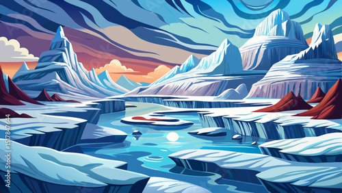 Colorful cartoon vector of melting arctic landscape with icy mountains, floating rocks, and water a vivid scene showing global warming