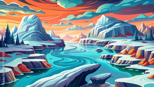 Colorful cartoon vector of melting arctic landscape with icy mountains, floating rocks, and water a vivid scene showing global warming