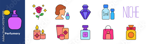 Perfumery set icon. Perfume bottle, rose, woman with flacon, luxury scent, tester sample, small vial, niche wordmark, candles, tubes, shopping bag, gift bottle, elegant container, cosmetic fragrance.