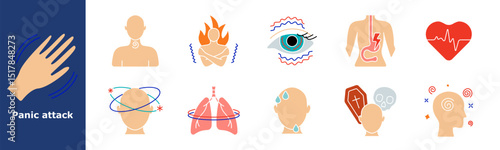 Panic attack set icon. Sweating, throat tension, burning skin, shaking body, blurry vision, chest pain, heartbeat, dizziness, spinning lungs, cold sweat, fear of death, mental spiral, disorientation.