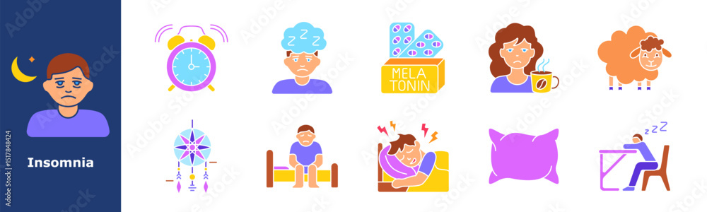 Insomnia set icon. Sad face, ringing alarm, sleepless man, melatonin pills, tired woman, coffee, sheep, dreamcatcher, bed sitting, pillow, night stress, mental overload, sleep disorder. Insomnia set icon. Sad face, ringing alarm, sleepless man, melatonin pills, tired woman, coffee, sheep, dreamcatcher, bed sitting, pillow, night stress, mental overload, sleep disorder.